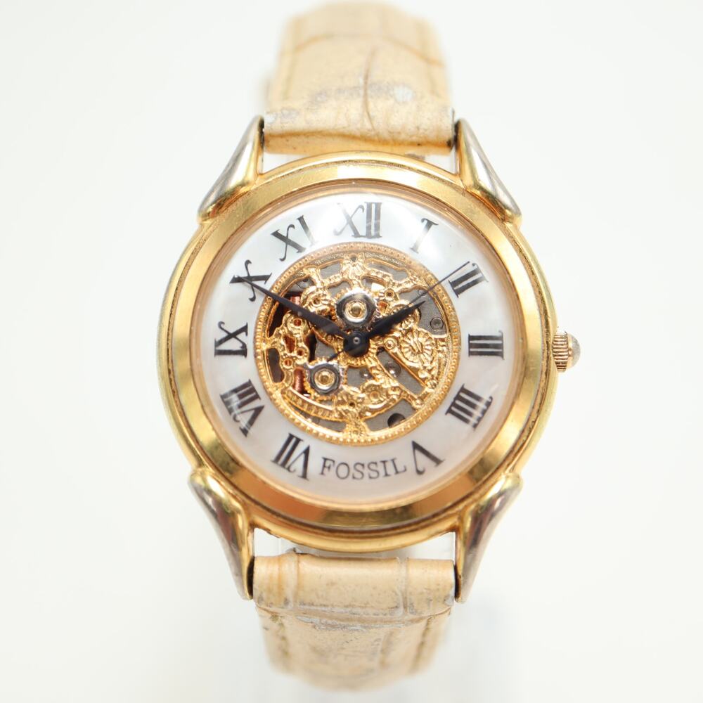 Vintage Fossil Faux Skeleton MOP 34mm Unisex Watch Beige Leather w New Battery - Picture 3 of 15